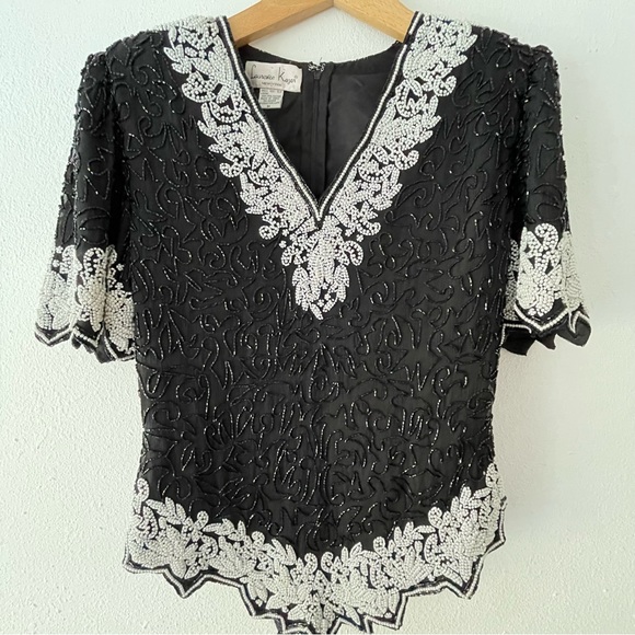 Laurence Kazar Tops - Laurence Kazar Black White Beaded Sequins Vintage Scalloped Sleeve Blouse Size M